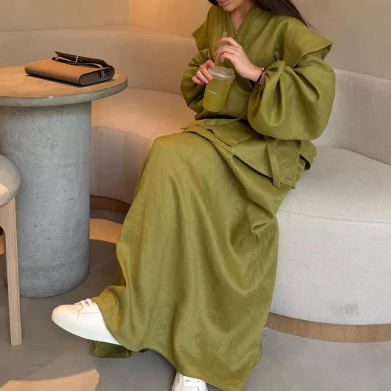 

Осенние новые однотонные свободные женские комплекты из двух предметов, элегантный комплект с v-образным вырезом на шнуровке, модный дизайн, стильный комплект с длинными рукавами для поездок на работу