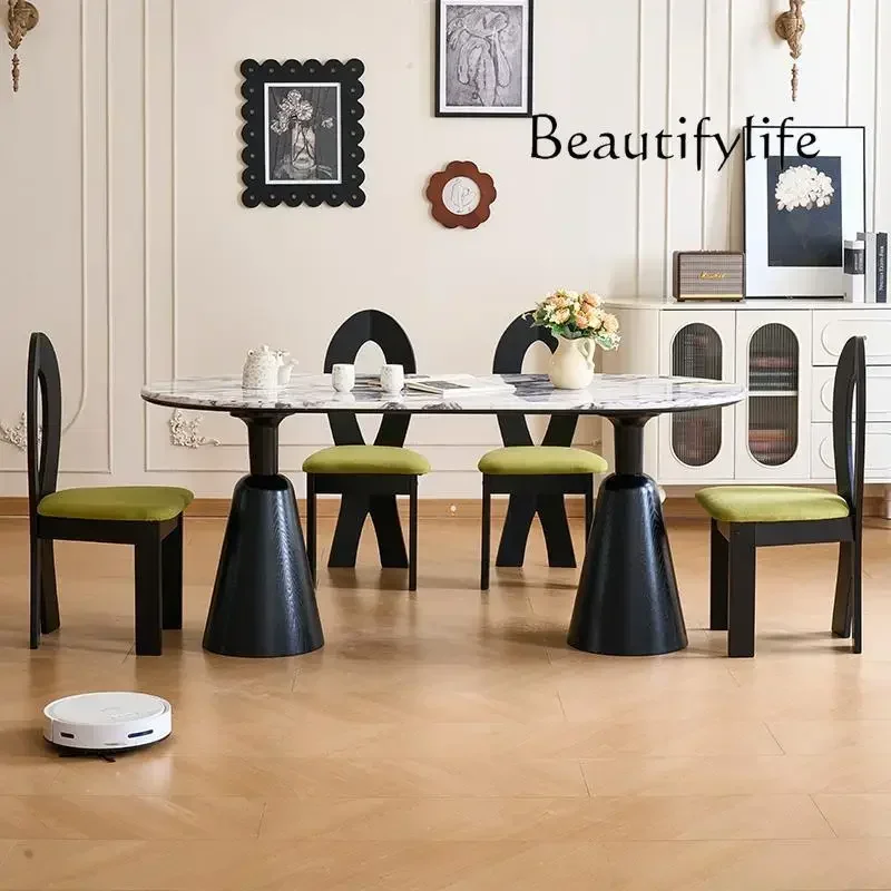 N French retro marble dining table and chairs combination ash wood grain solid wood oval dining table