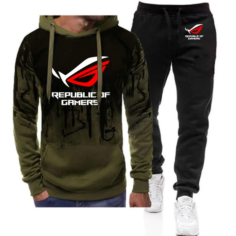 2025 Spring And Autumn Men's ROG Republic Of Gamers Logo Print Gradient Color Drawstring Fashion Hoodies+Sports Long Pants Sets