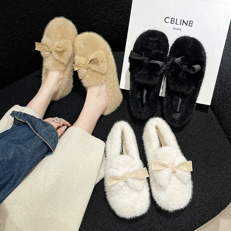 French retro light mouth flat bottom plush cotton shoes women's 2024 new spring and autumn round head pearl soft bottom