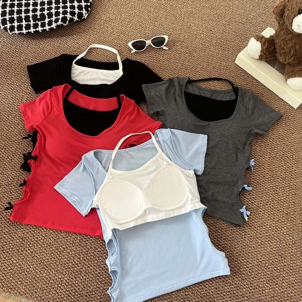 Sweet Bowknot Fake Two Pieces T-shirt with Pads Hollow Halter T-shirt Women Undershirts Pullover Y2K Crop Tops Summer