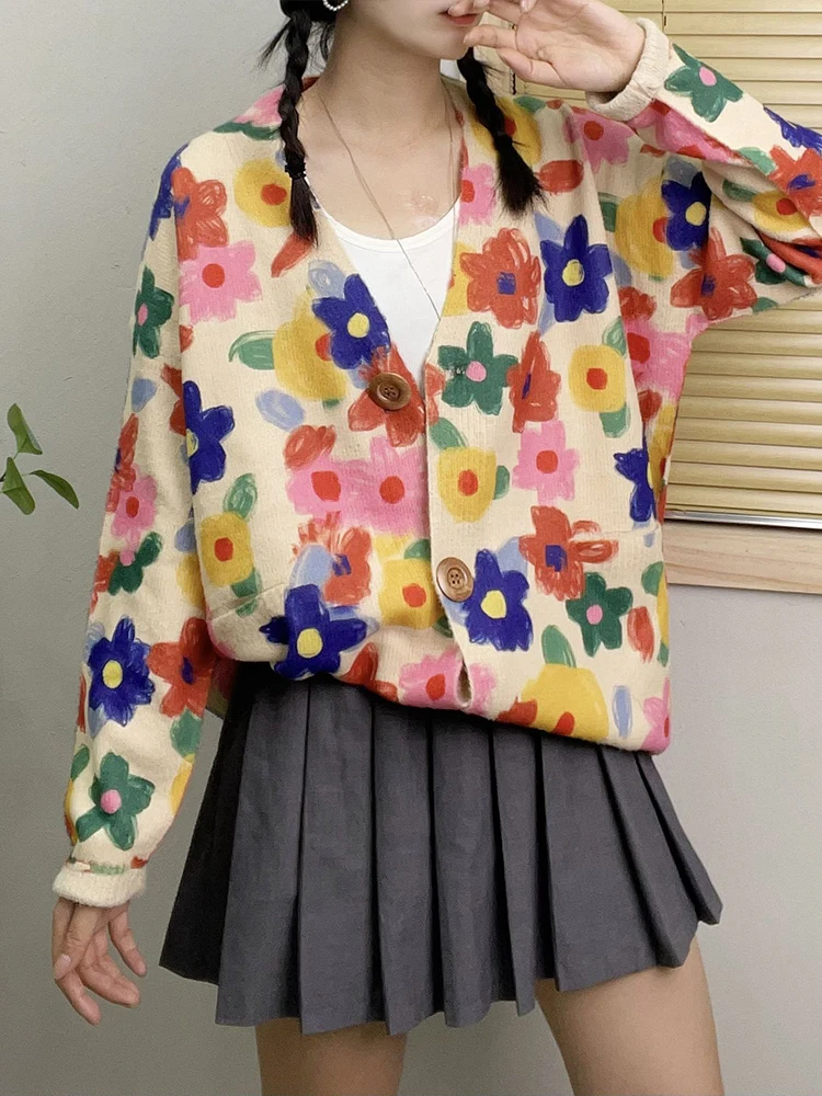 Zimowe damskie luksusowe swetry 2023. Moda damska Plus Size Printed Cardigans Ladies Loose Warm Leisure Floral V Neck Clothing