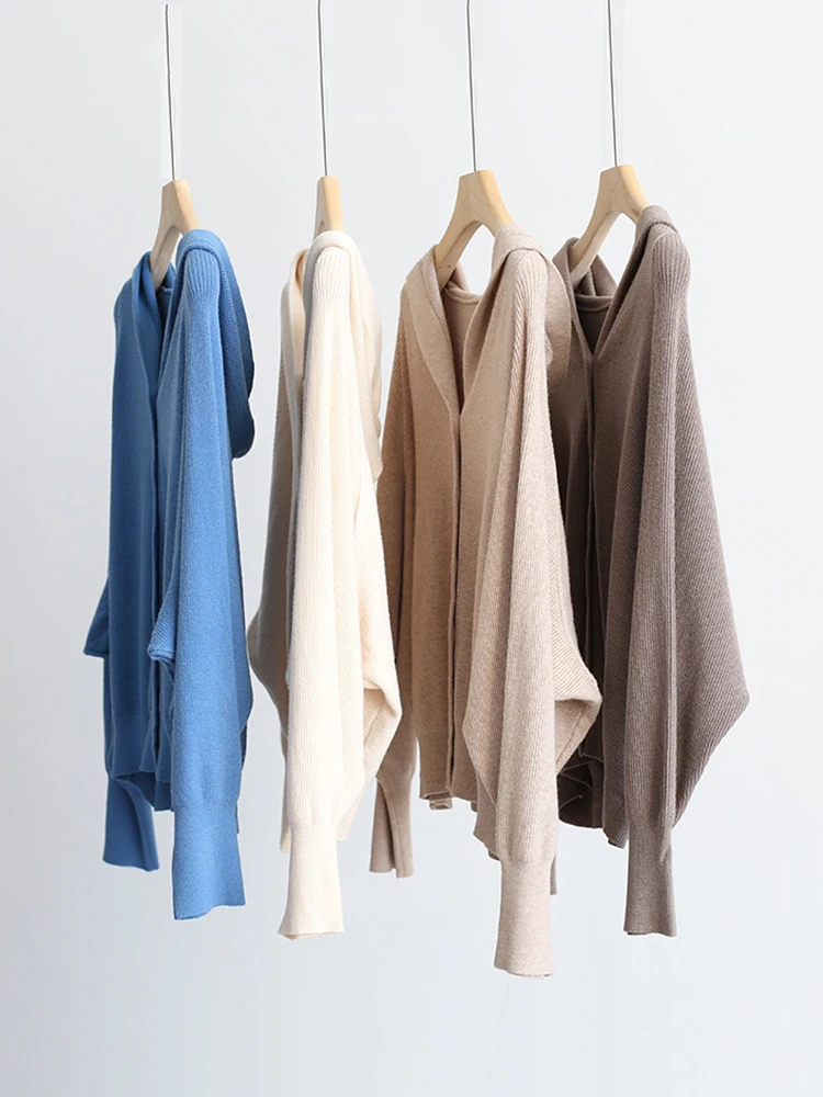 High Quality Women Solid Hooded Cardigan Sweater Jacket Long Sleeve Button Loose Knit Cardigans Coat Batwing Sleeve C-168