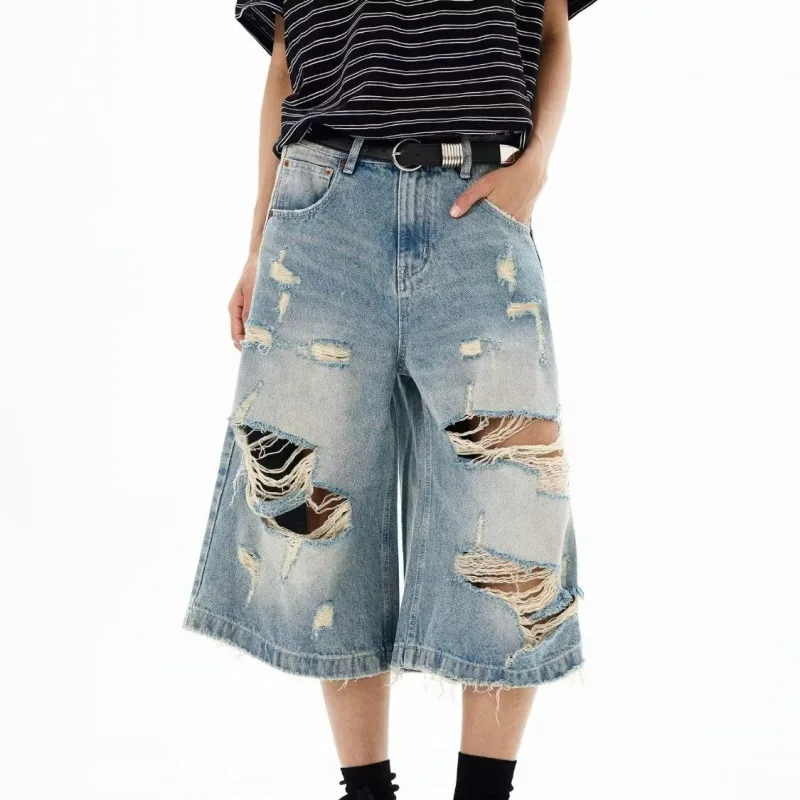 New Men Vintage Ripped Baggy Short Jeans Women Grunge Distressed Oversized Jorts Y2k Retro Punk Streetwear Wide Leg Denim Shorts