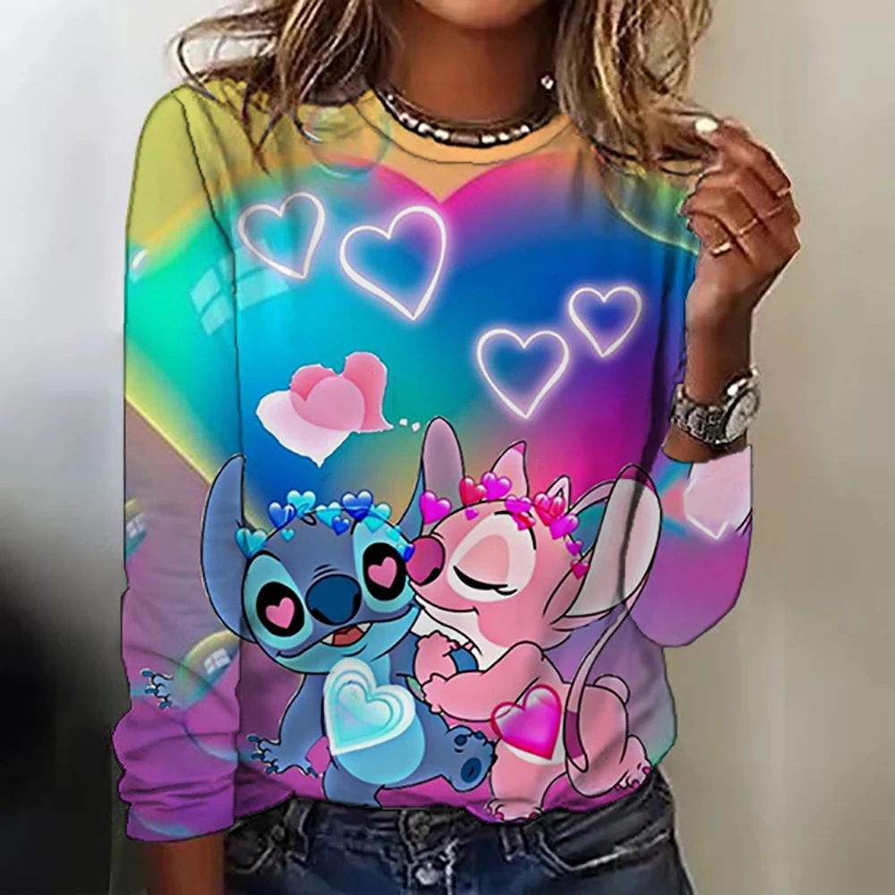 Kawaii Lilo Stitch Print Women\'s T-shirt Women\'s Long Sleeve T-shirt Casual O-Neck Ohana Stitch Disney T-shirt