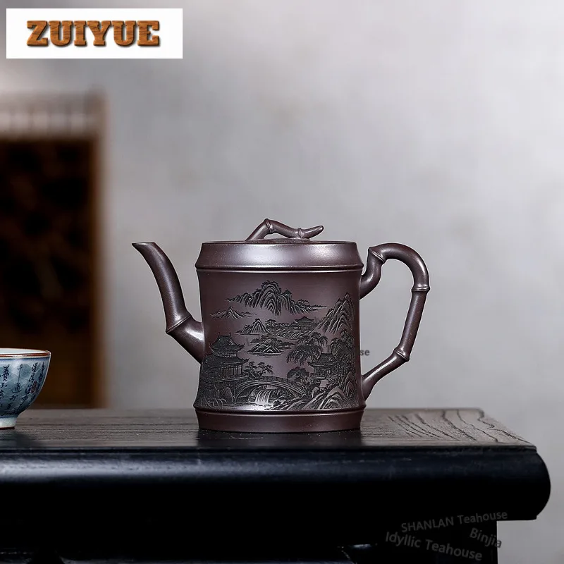 

280ml Classic Yixing Purple Clay Teapots Handmade Bamboo Joint Pot Raw Ore Purple Mud Kettle Zisha Tea Set Cha Ornaments Craft