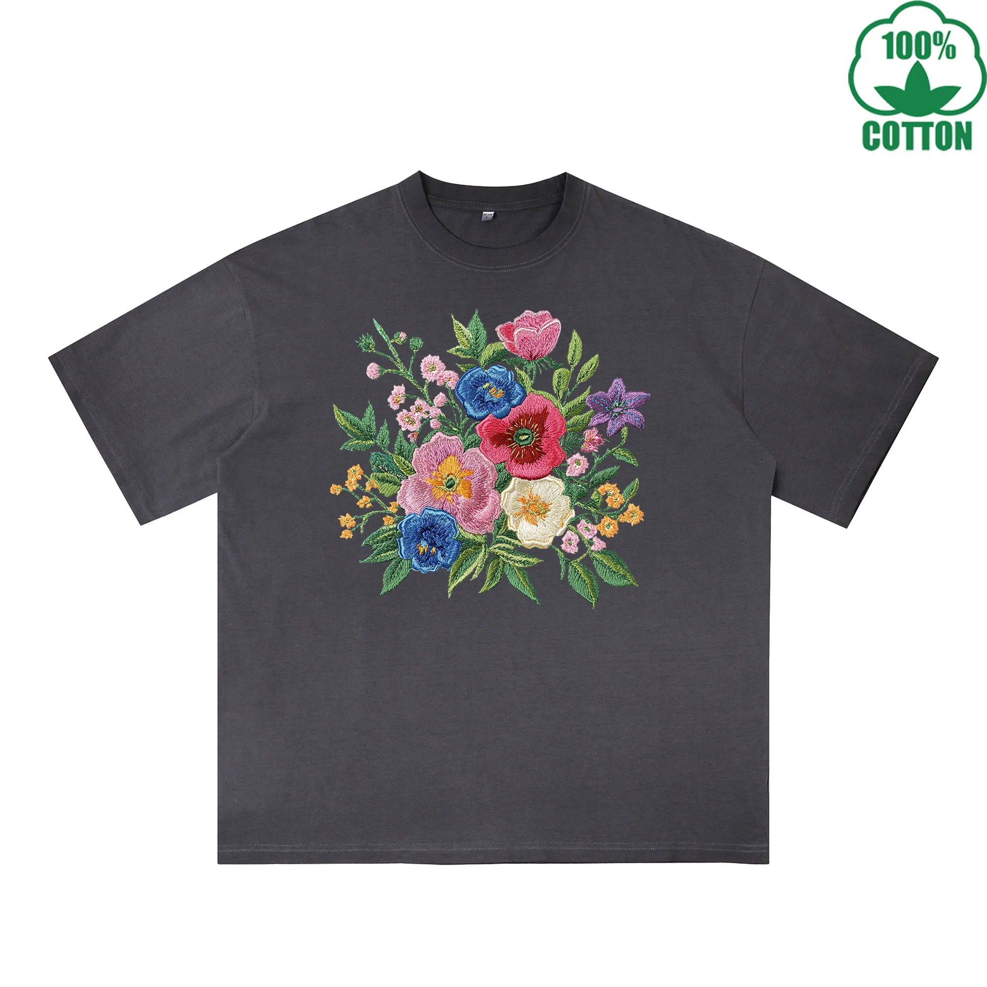 

Among the Flowers Printed Dirty WashT-Shirt 230G Multicolor Loose Trendy Fashionable 100%Cotton Short Sleeve Top