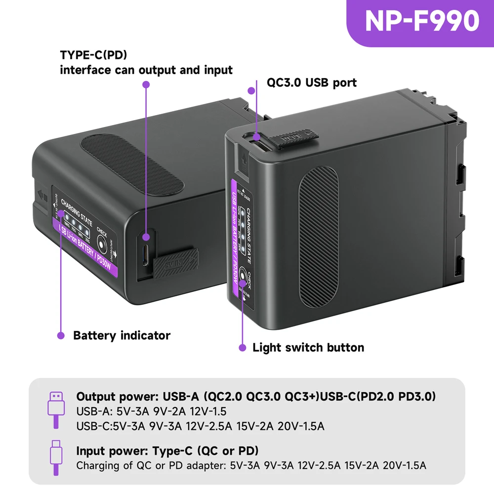 11800mAh NP-F990 NP-F980 F970 F960 بطارية مع TYPE-C PD-30W شحن سريع لسوني F750 F770 F330 F550 F570 F960 MC1500C 190P