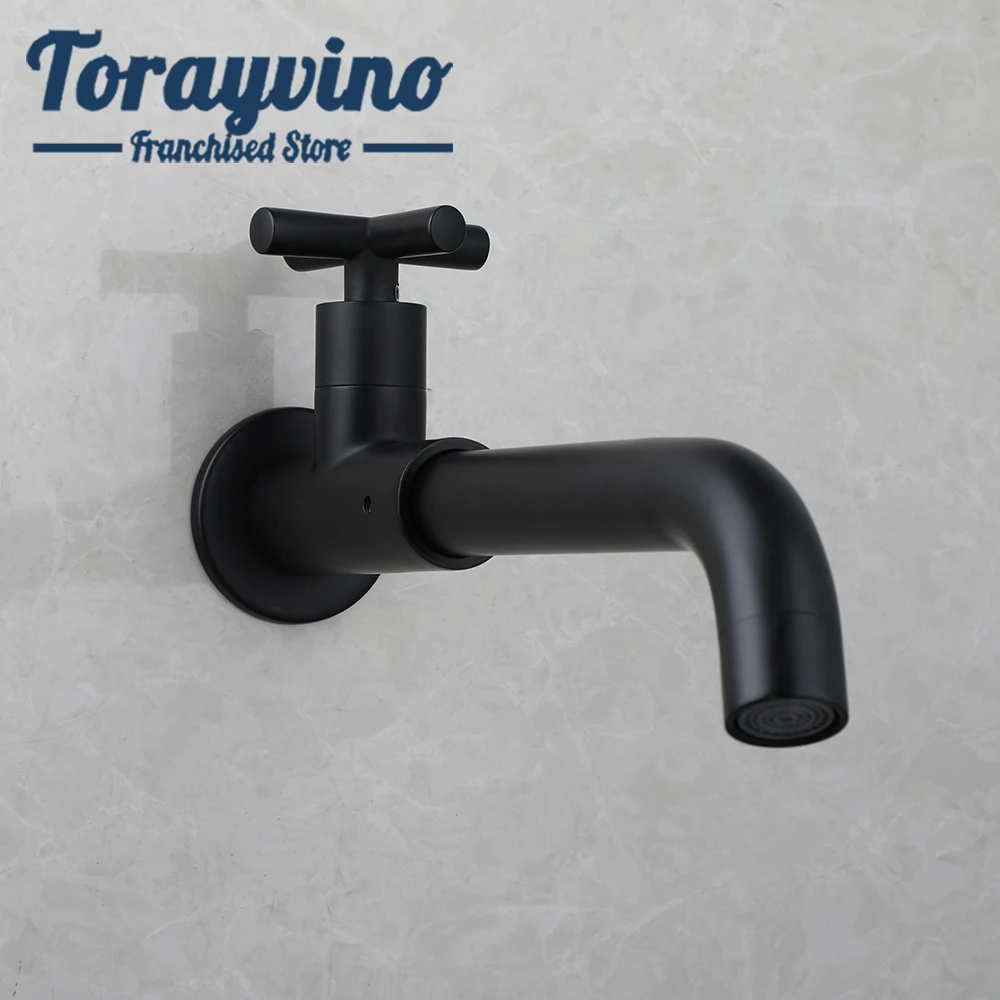 

Torayvino Matte Balck Bathroom Bathtub Faucet Single Cold Single Cross Handle Wall Mounted Stream Water Outlet Taps