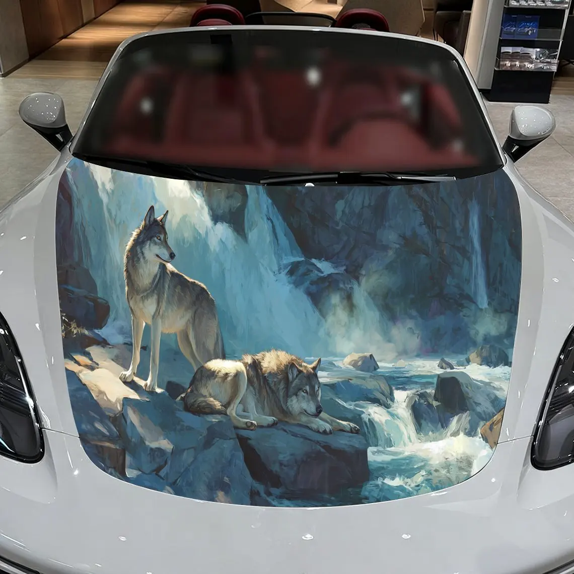 Car Decals A Wolf Pair By Dynamic Waterfall In Stunning Natural Landscape With Lush Greenery Car Hood Sticker, Waterproof Self -