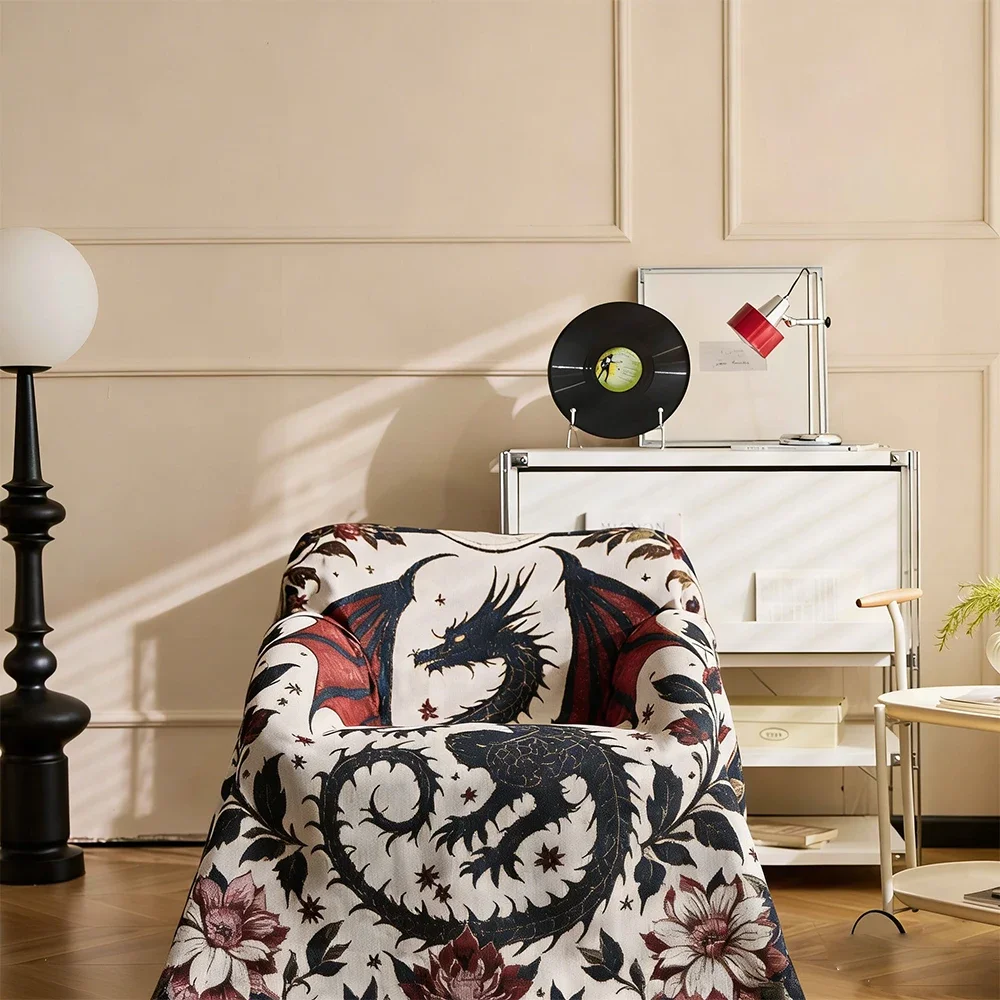 New Ins Style Dragon Woven Jacquard Blanket, Boho Flannel Air Conditioner Throw, Multi-purpose Sofa Blanket, Portable for Campin