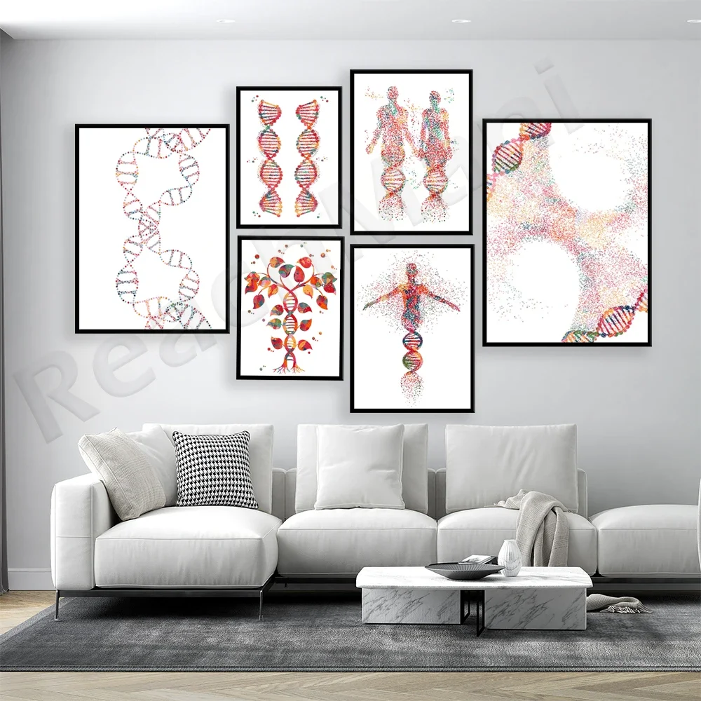 Dna molecular art, DNA double helix inheritance, human cell structure, DNA nucleosome watercolor abstract biology poster