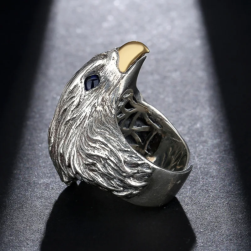 Buyee 925 Sterling Silver Unique Big Ring Elegant Eagle Animal Open Ring for Men Women Fashion Punk Rock Fine Jewelry Circle