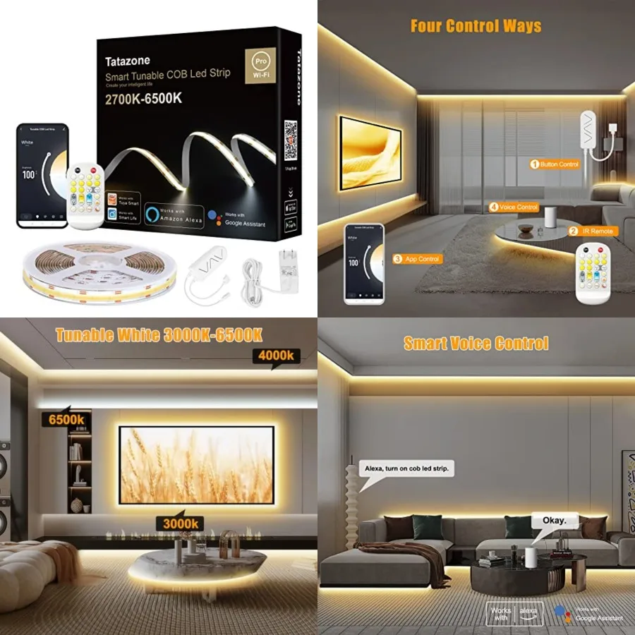 

Tunable White Smart COB Led Strip Light Kit, CCT 2700K-6500K Bright COB Led Tape Light Compatible with Alexa and Google, Dimmab