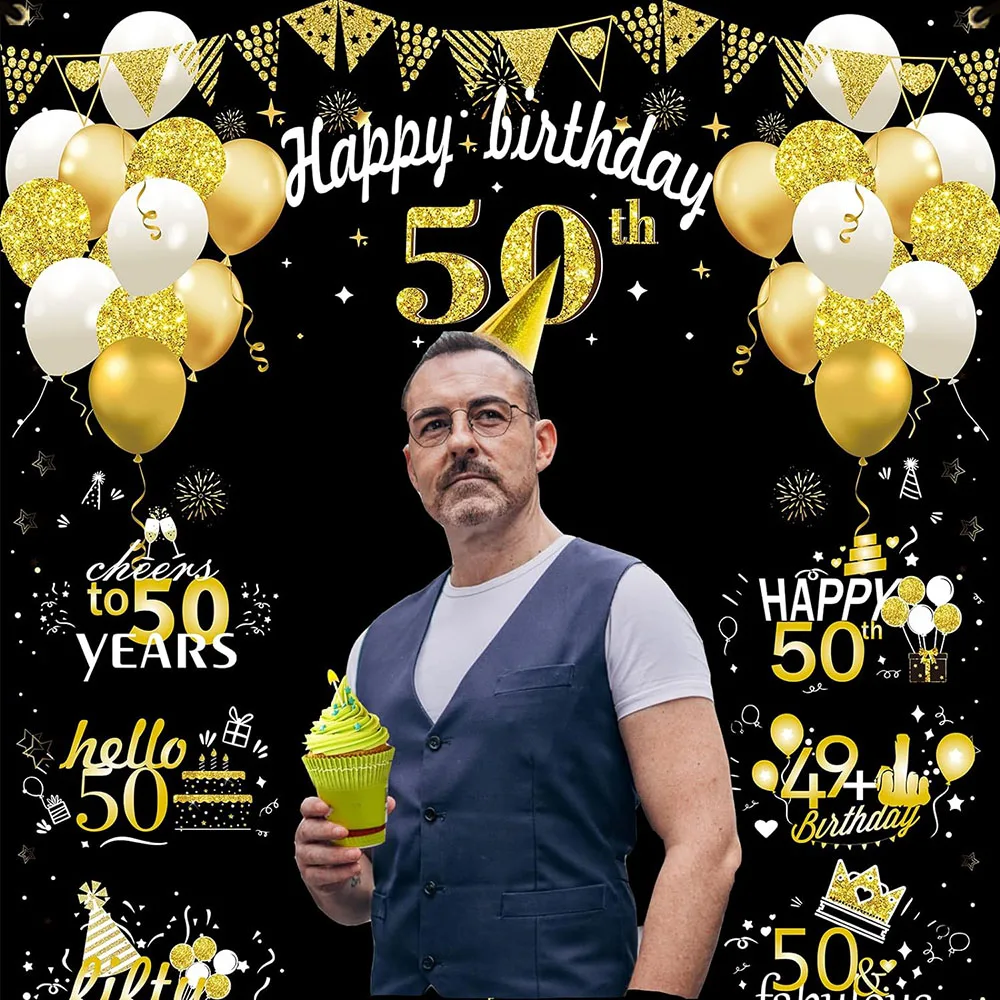 50th Birthday Party Decoration Banner for Women Men Black Gold Fifty Cheers to 50 Years Old Photo Booth Photography Background