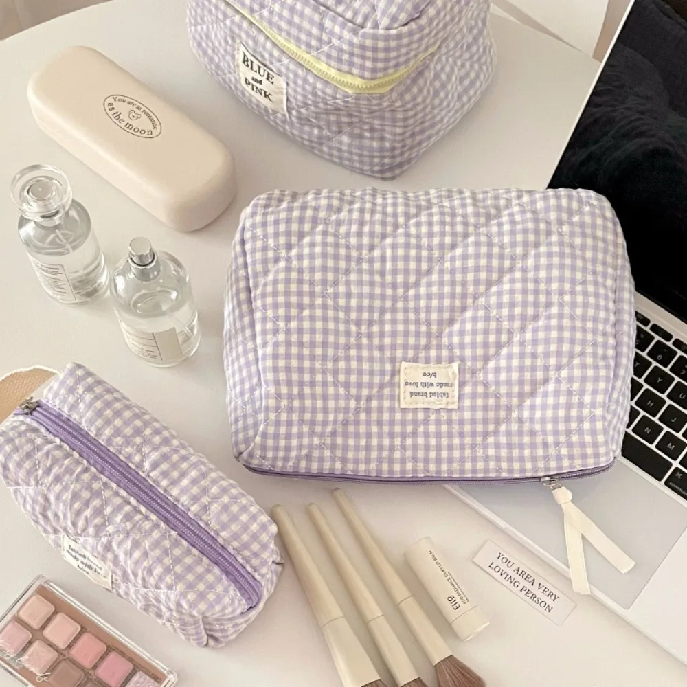 Simple Solid Color Plaid Women\'s Cosmetic Bag Fashion Sweet Soft Fabric Ladies Storage Bags Large Capacity Female Clutch Handbag