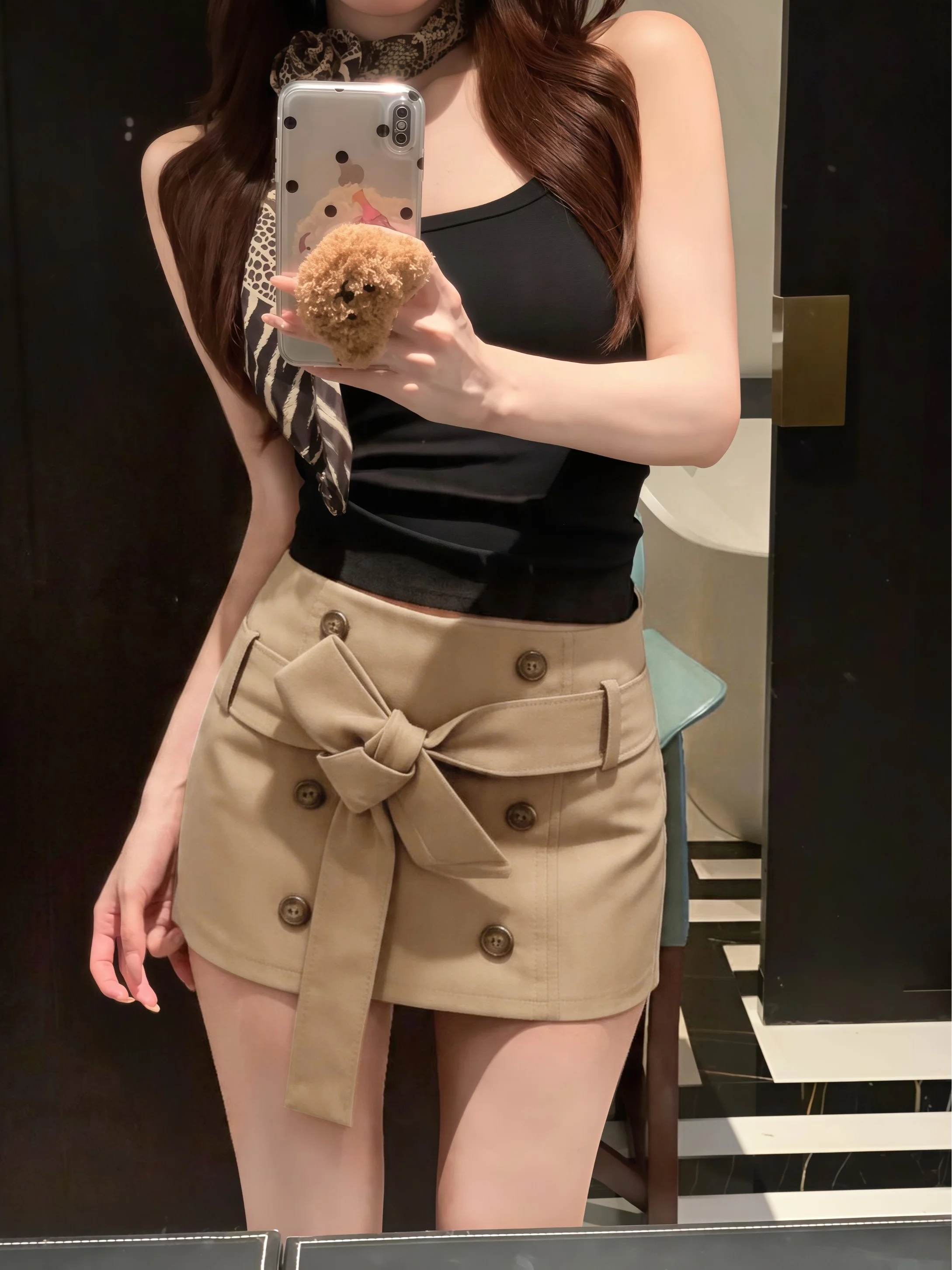 

Low Waist A-Line Skirt Women's Sexy Design Anti-Light Kaki Color Versatile Short Skirt Girl Sensation Body Contouring