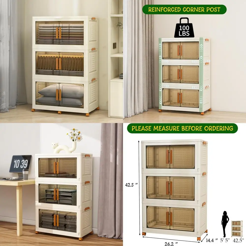 Duże, 3-poziomowe, plastikowe pojemniki do przechowywania z jednym wieczkiem, pojemność 95 kwart, składane, z kółkami do organizacji domu.