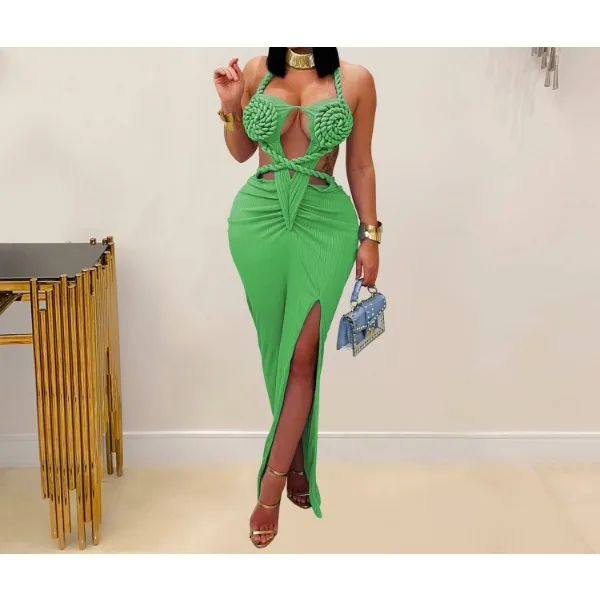 Sexy Damesjurk Zomer 2025, Uitgesneden Ruches Maxi-jurken Oranje Halter Hals Ruglooze Hoge Split Bandage Feestrok Verjaardag