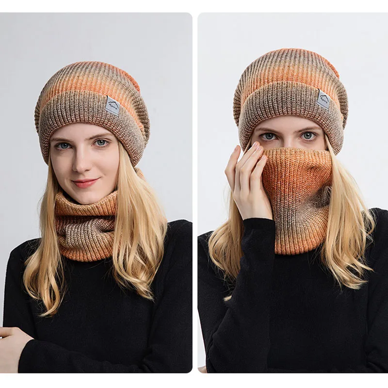 Winter Hats Scarf Set For Women Gradient Color Beanies Set Thick Plush Knitted Hat Female Windproof Neck Warm Snow Ski Cap