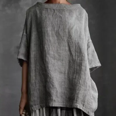 Round Neck Loose Fit Tops Casual with Short Sleeve Patchwork Retro Vintage Inspired Summer Regular Sleeve T Shirt for Women