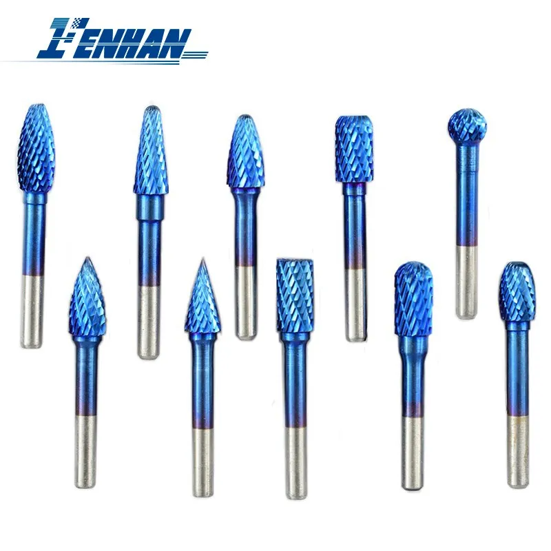 Rotary Files 6x10mm Nano Blue Coated Wood Carving Milling Cutter Tungsten Carbide Burr Cutter Double Cut Rotary Tool