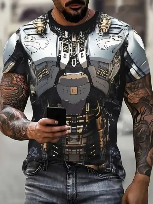 2024 new European and American style oversized men's T-shirt 3D armor fashion short sleeved metal round neck