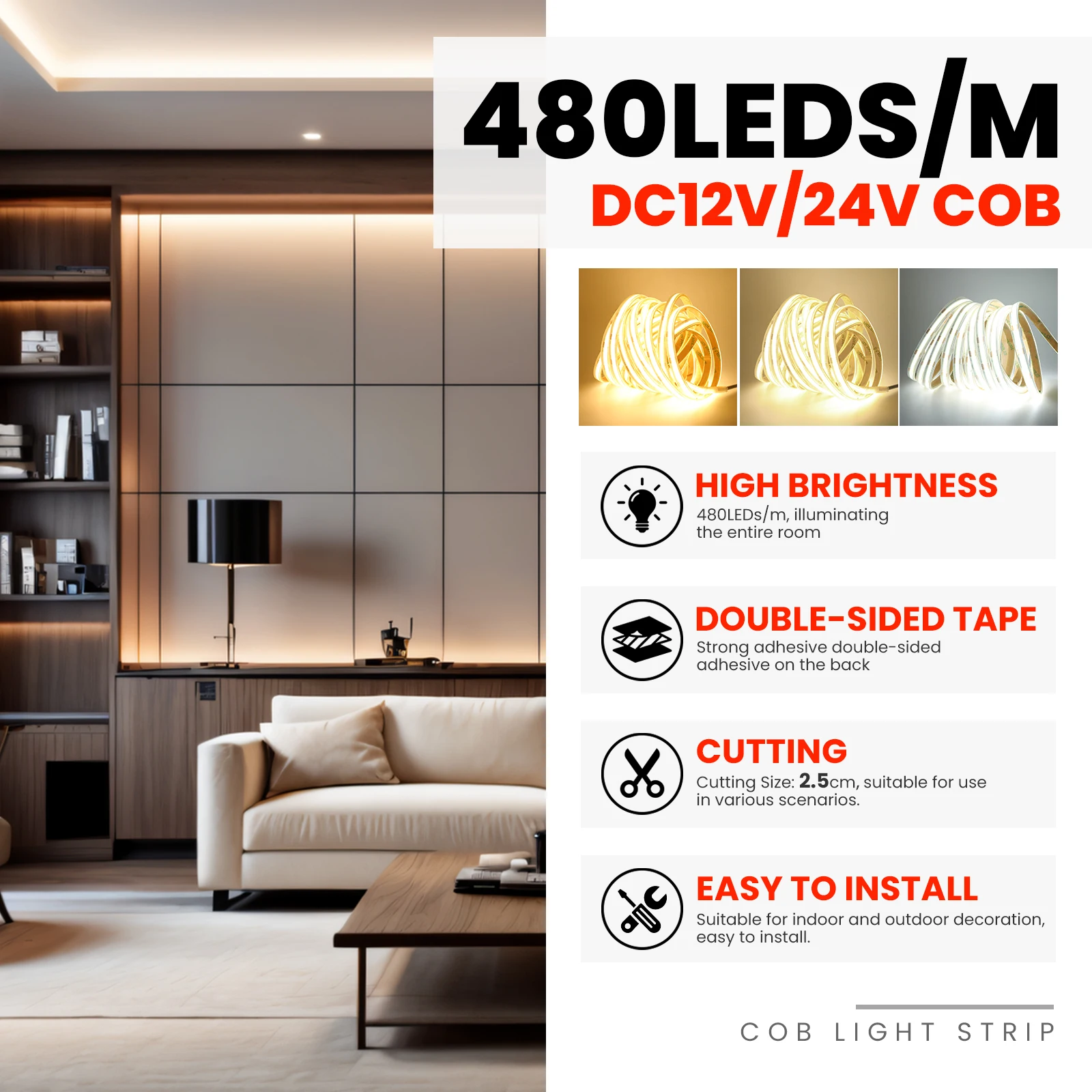 12V 24V COB LED Strip Light IP67 Waterproof COB Lights 480LEDs Flexible LED Neon Tape Ribbon High Density Linear Light 0.5-10M