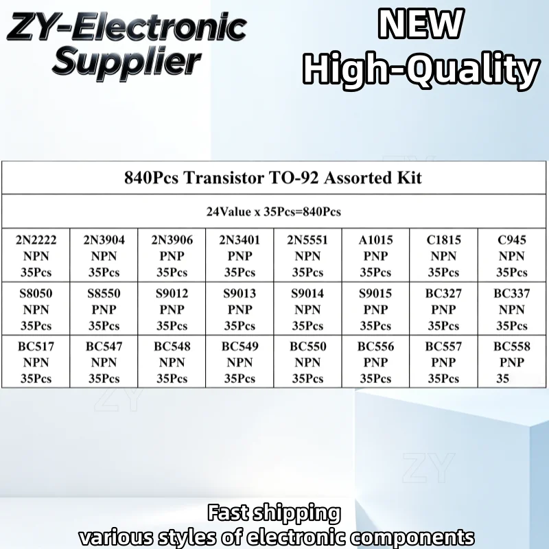 840Pcs/Set 24Values TO-92 Transistor Assortment Kit BC327 BC337 BC547 2N2222 3904 3906 C945 PNP/NPN Transistors Pack