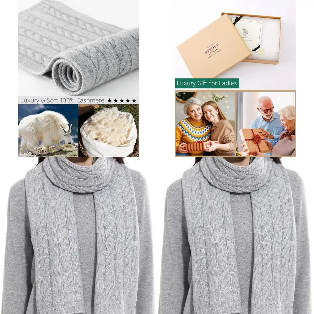 

Luxury Lightweight Grey Cashmere Scarf for Women with Cable Stitch Design