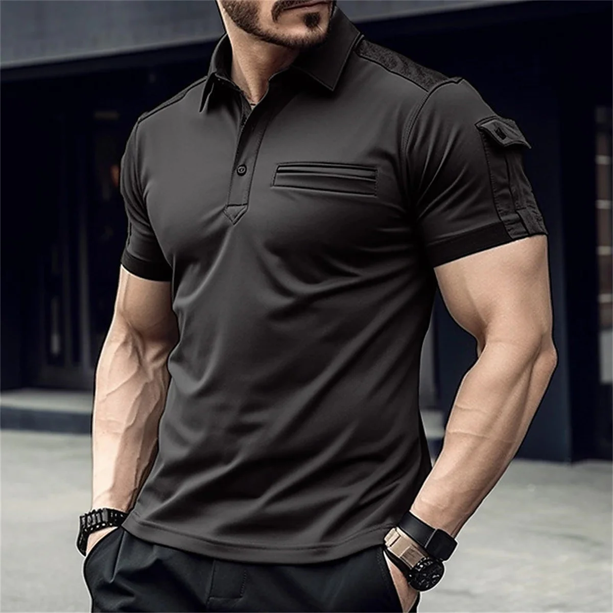 Men\'s New summer Short Sleeve Fashion Pocket Lapel Solid Color Comfortable Slim-Fit Top Men\'s POLO Shirt