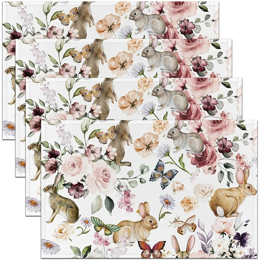 1PC Easter Bunny Placemats, Spring Flowers Place Mats for Kitchen Dining, Watercolor Floral Rabbit Butterfly Placemats