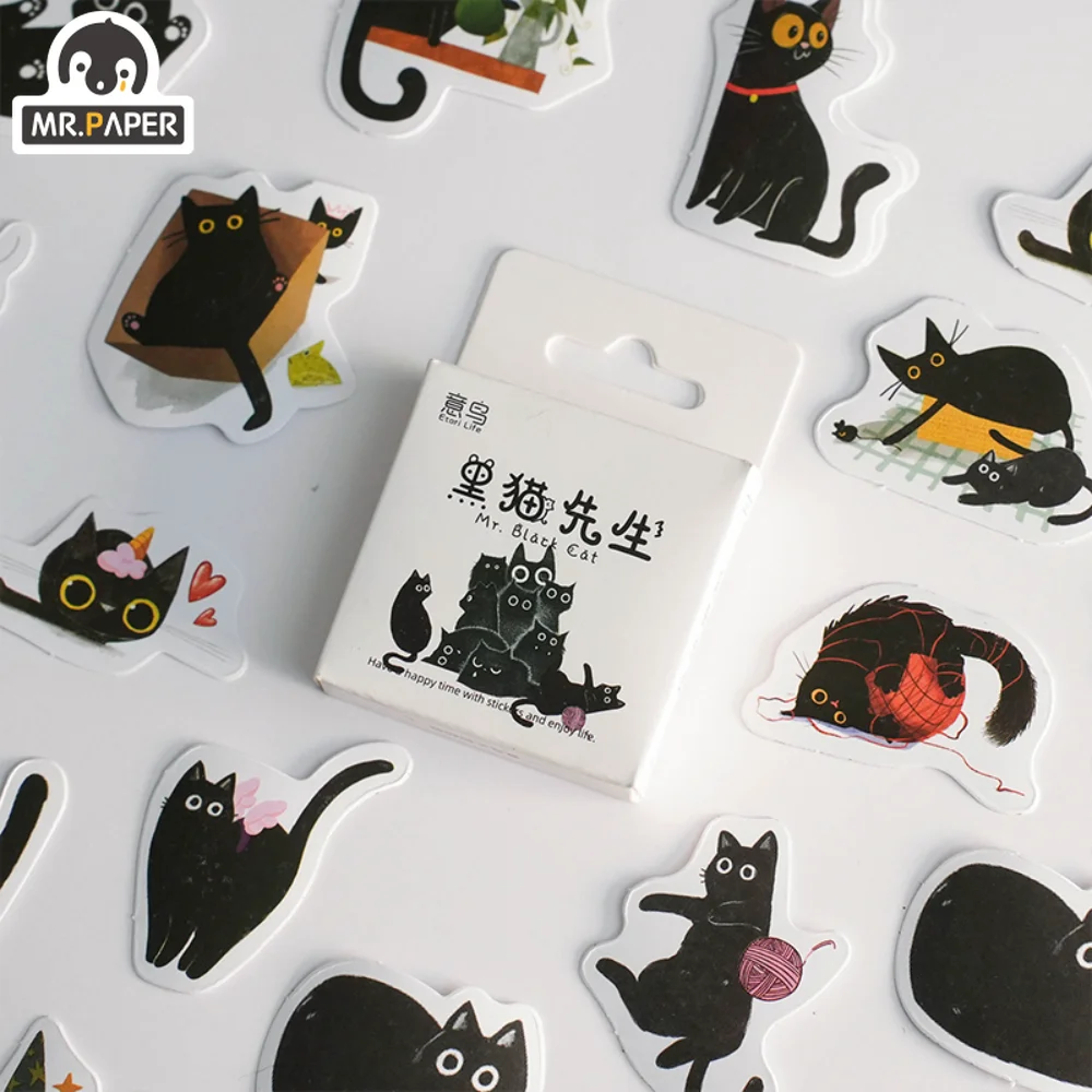 Mr. Paper 46pcs/Box Kawaii Black Cat Stickers Items Decoration DIY Handbook Stickers Boxed Cute Stickers Korean Stationery