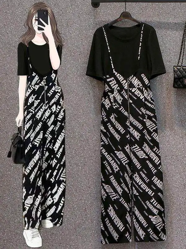 

Fashionable Ice Silk Thread Summer Set Women's New Style T-Shirt Slimming Overalls Two-Piece Set Breathable High Waist Long P...
