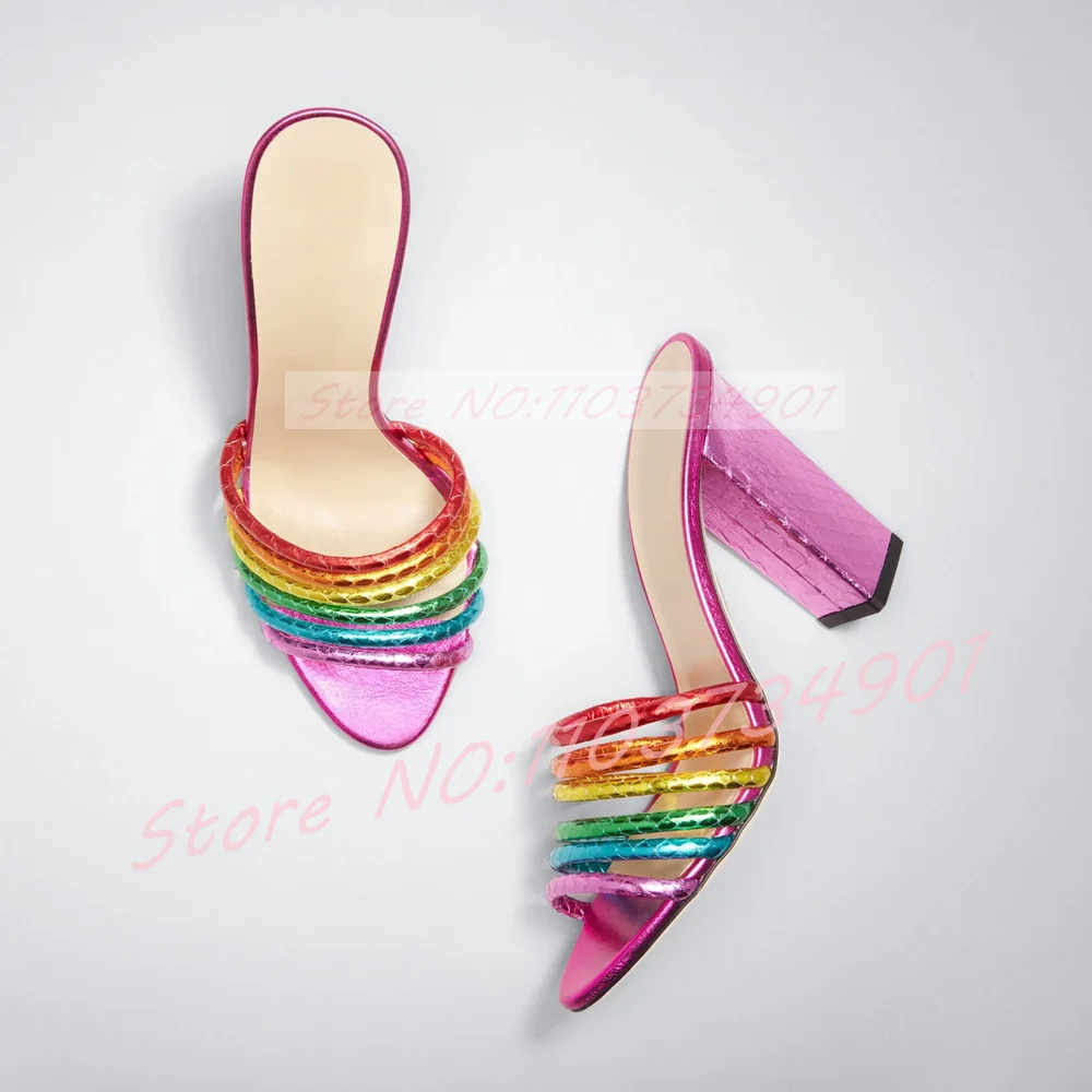 Pink Metallic Open Toe Block Heel Mules Women Rainbow Strap Snakeskin 10cm High Heels Mules Sexy Feminine Slip On Slippers