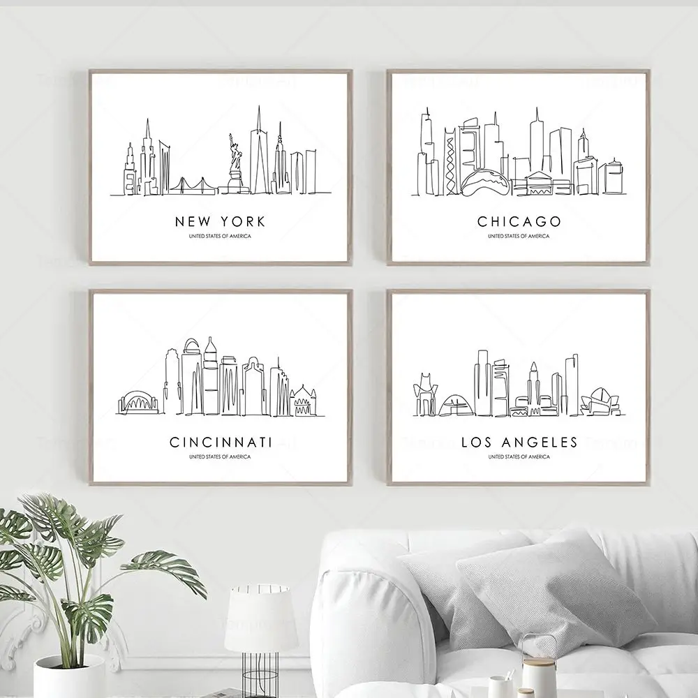 

Abstract City Line Draw Posters New York Chicago Cincinnati Skyline Canvas Painting Print Minimalist Wall Art Picture Home Decor