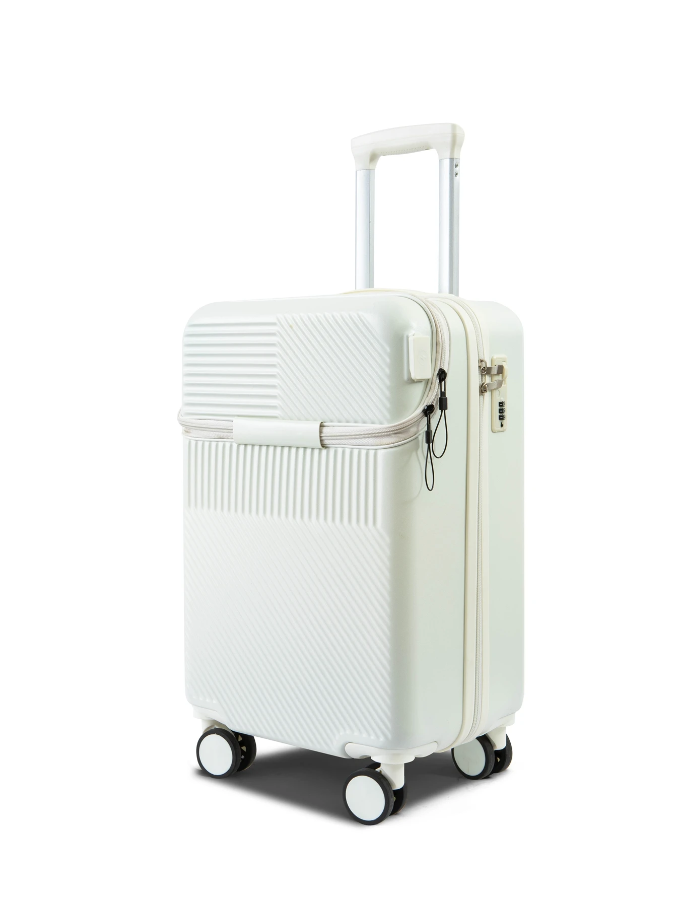 Fashionable semi open rechargeable striped simple large capacity luggage compartment with side hooks and universal wheels