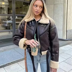 2025 Woman's Fashion Thick Warm Faux Shearling Jacket Coat Women Vintage Long Sleeve Belt Hem Female Leather Outerwear Chic Tops