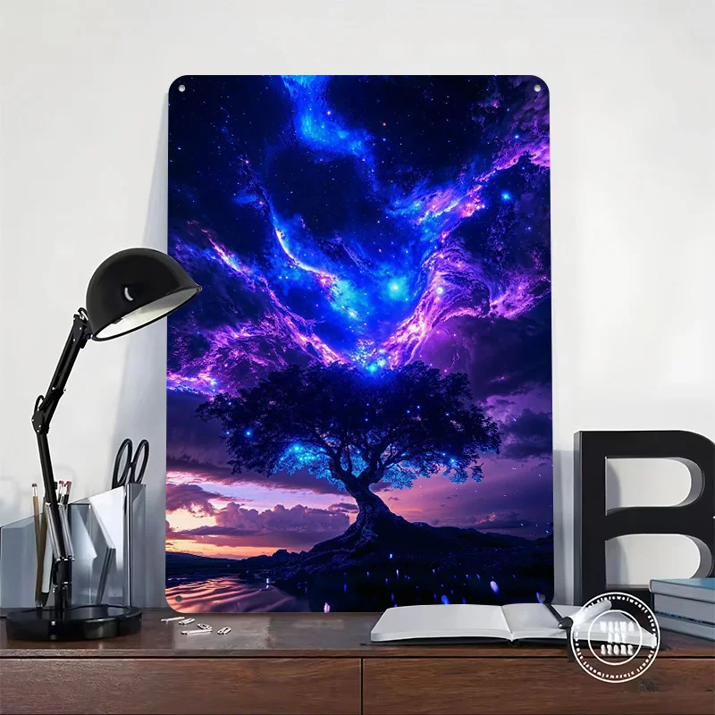 شجرة ليلة مرصعة بالنجوم جدار الفن علامة معدنية الفضاء المشارك الرجعية مخصصة القصدير اللوحة للرجل كهف ديكور غرفة نوم الديكور غرفة المعيشة #2