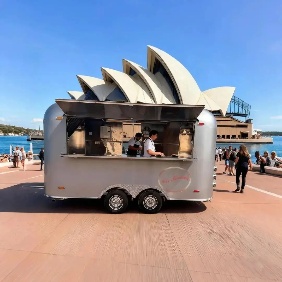 

Outdoor Food Trailer Streamlined Gray Exterior Open Sales Window Entrance Catering Kitchen Trailers for Events