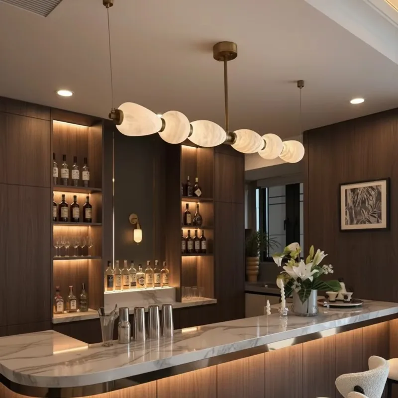 Nordic Light Luxury Marble LED Pendant Chandelier With Adjustable Height Dimmable Bedroom Lighting Beige Finish 3000K Warm White
