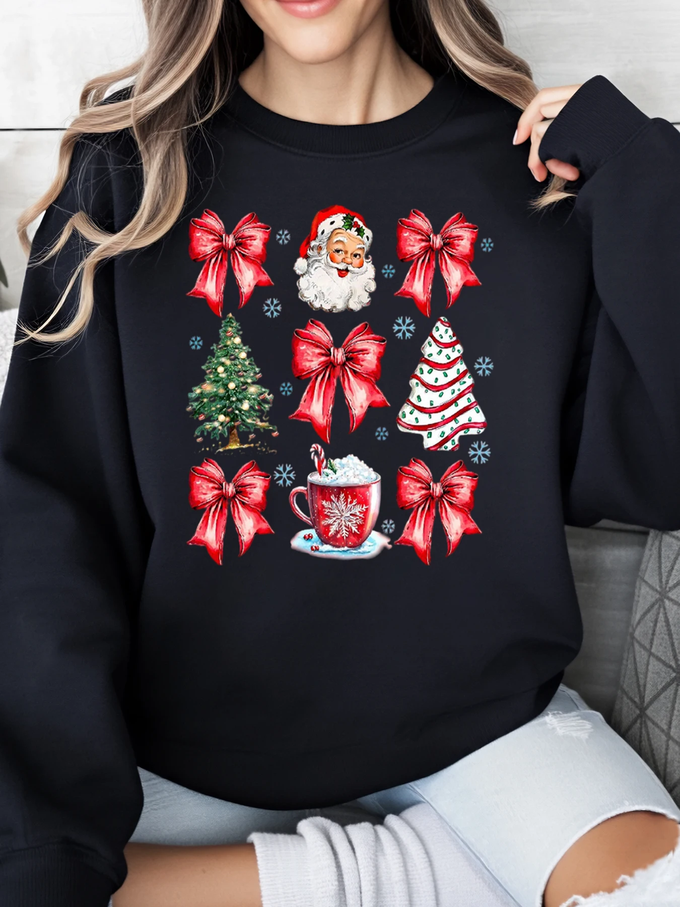 Árvore de natal santa arco caneca impressão moletom de natal feminino casual férias wear preto plus size