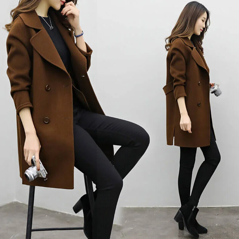 

Autumn Winter Women's Casual Faion Coat Jaet Korean Sle Straight Cut Long Sve Double Breasted Pure Color Coat