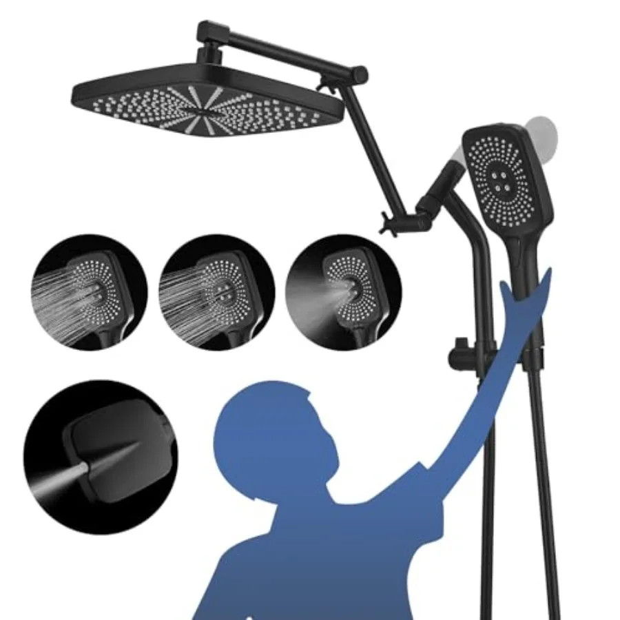 

Bathroom matte black high-pressure rain shower head with handheld combo, 12-inch dual setup, 3+1 spray settings plus power wash
