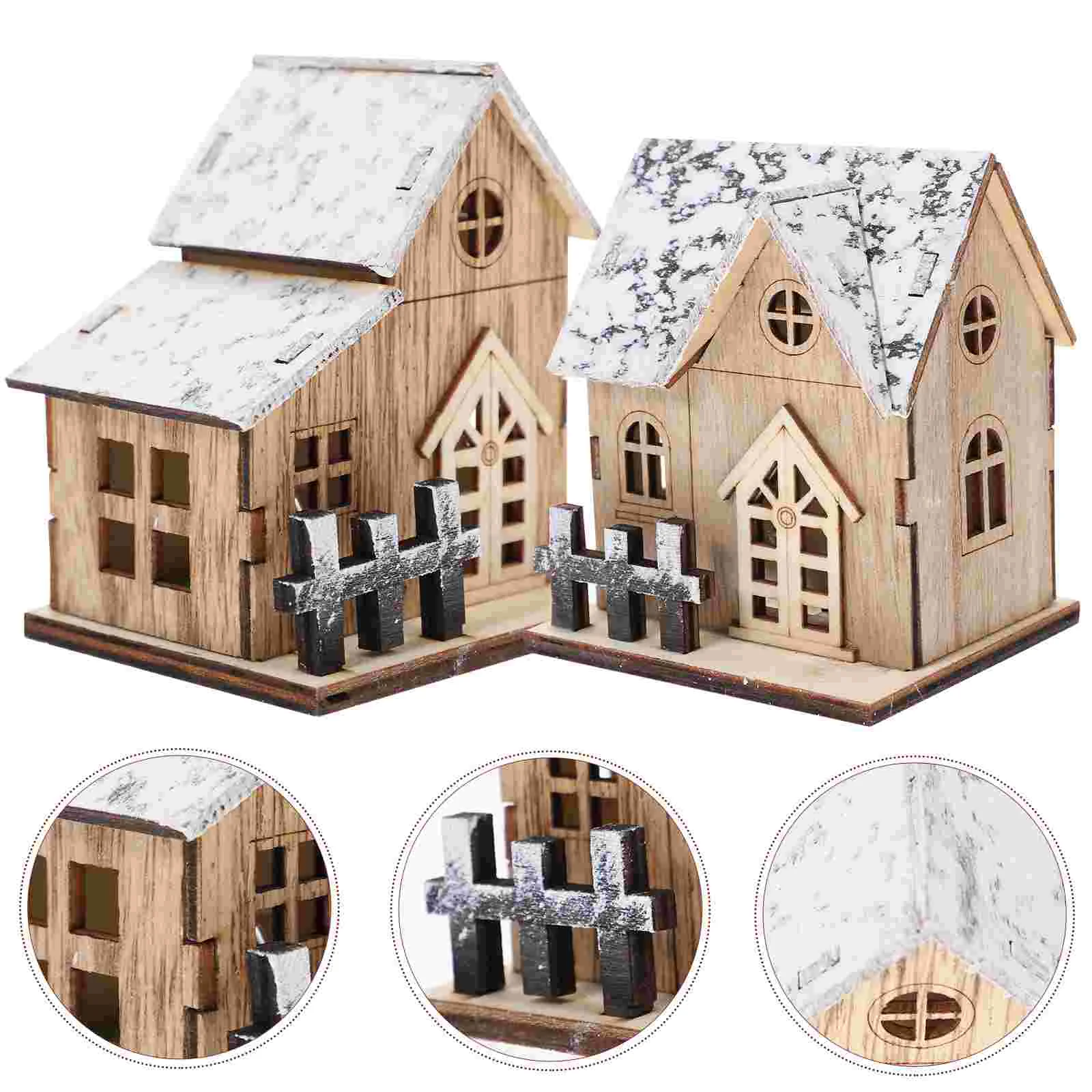 2 Pcs Holiday Pendant Decoration Glow Cabin Vintage Mini House Ornaments Christmas Village Scene Wooden