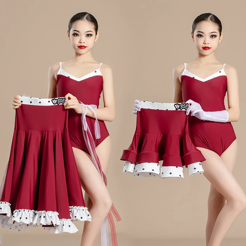 Red Latin Dance Competition Dresses Girls Waltz Ballroom Dance Performance Costumes Kids Performance Dancing Suits XS7655