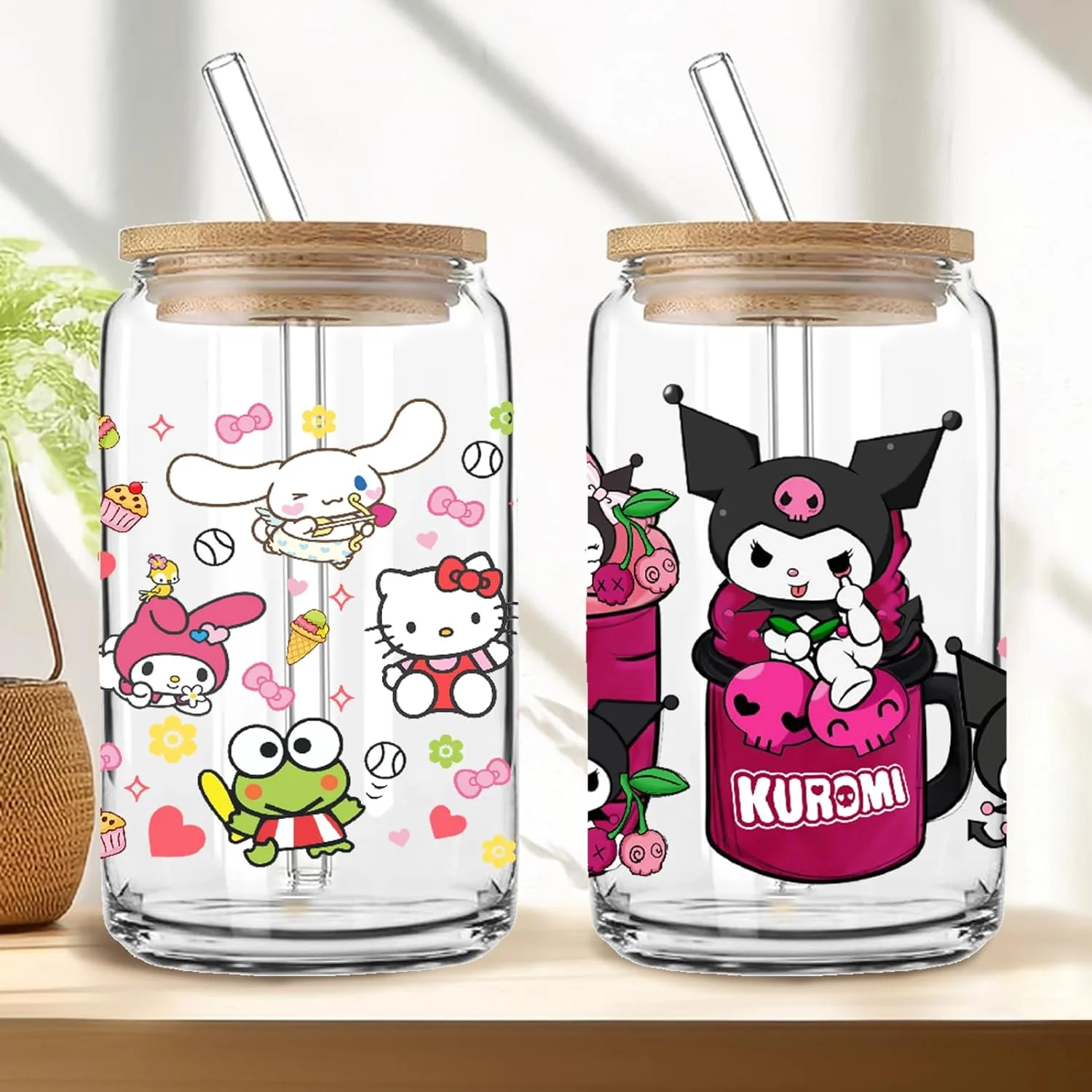 Miniso Cartoon Friend Kuromi and melody Pattern UV DTF Sticker Waterproof Transfers Decals For 16oz Glass Cup Wrap Stickers