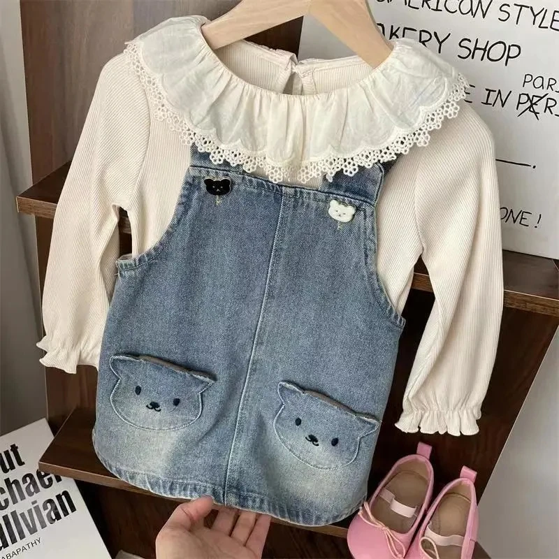 Sweet Bear Pattern Girls Denim Suspender Skirt Children Summer Short Denim Skirt Baby Girl Cute Casual Denim Suspender Skirt