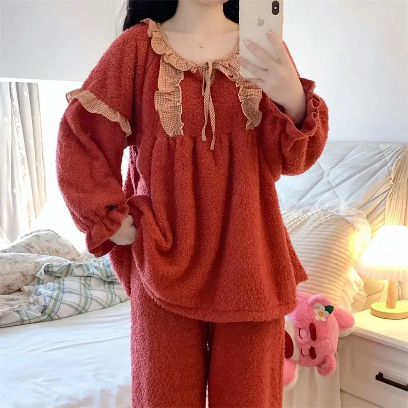 Pajama Women New Autumn Winter Pants Coral Velvet Net Red Thick Warm Home Clothes Large Size Two-piece Set Can Be Worn Outside