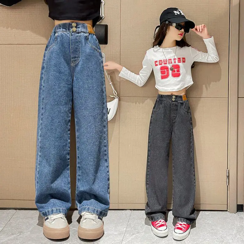 Teenager Girls Denim Pants Children Trousers Spring Autumn New Fashion Solid Color Girls Wide Leg Jeans 4-14 Years Kids Clothes